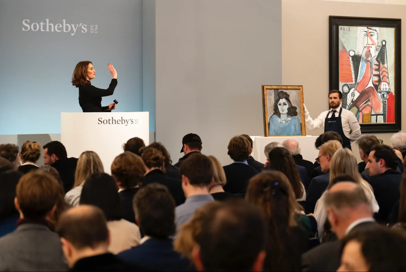 Auctioneer Helena Newan takes bids at Sotheby's Modern and Contemporary Evening Auction on Wednesday March 6, 2024. Courtesy Sotheby's